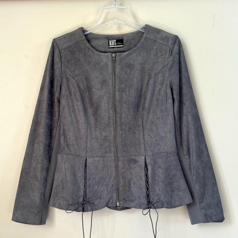 KUT from the Kloth Grey Faux Suede Peplum Lace-Up Jacket Blazer Size S - Picture 3 of 14